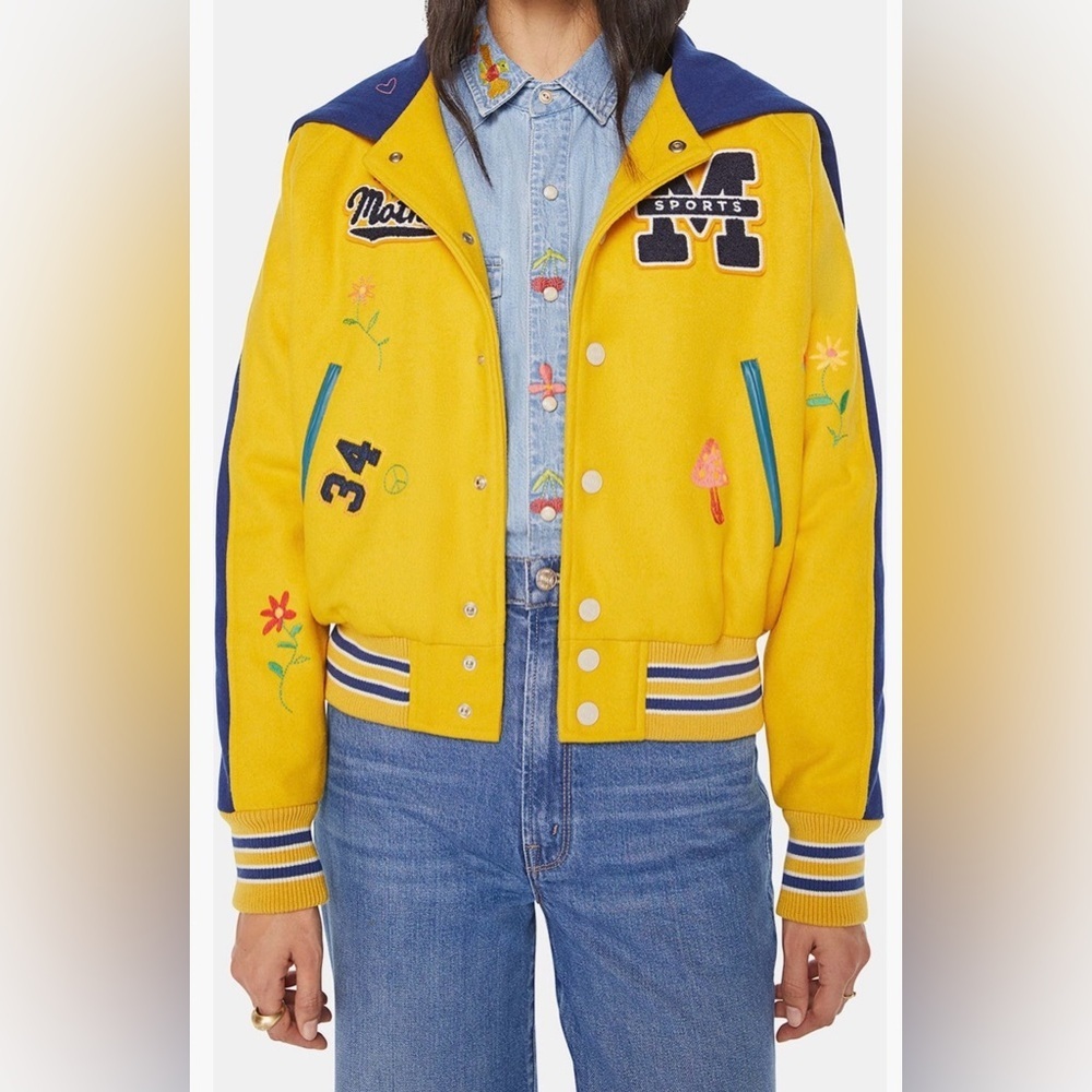 RARE MOTHER Split Hood Varsity Jacket Embroidered Yellow NWT In Orig. Packaging